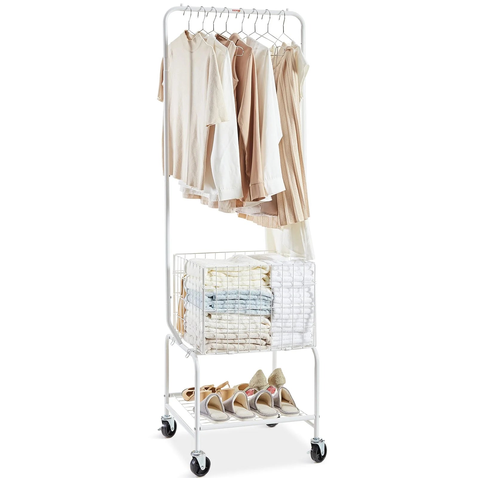 VEVOR Metal Rolling Laundry Basket with Hanging Garment Rack, Height Adjustment Laundry Hamper Cart with Basket Load and Shelf Load, Storage Organizer with Heavy Duty Lockable Wheels