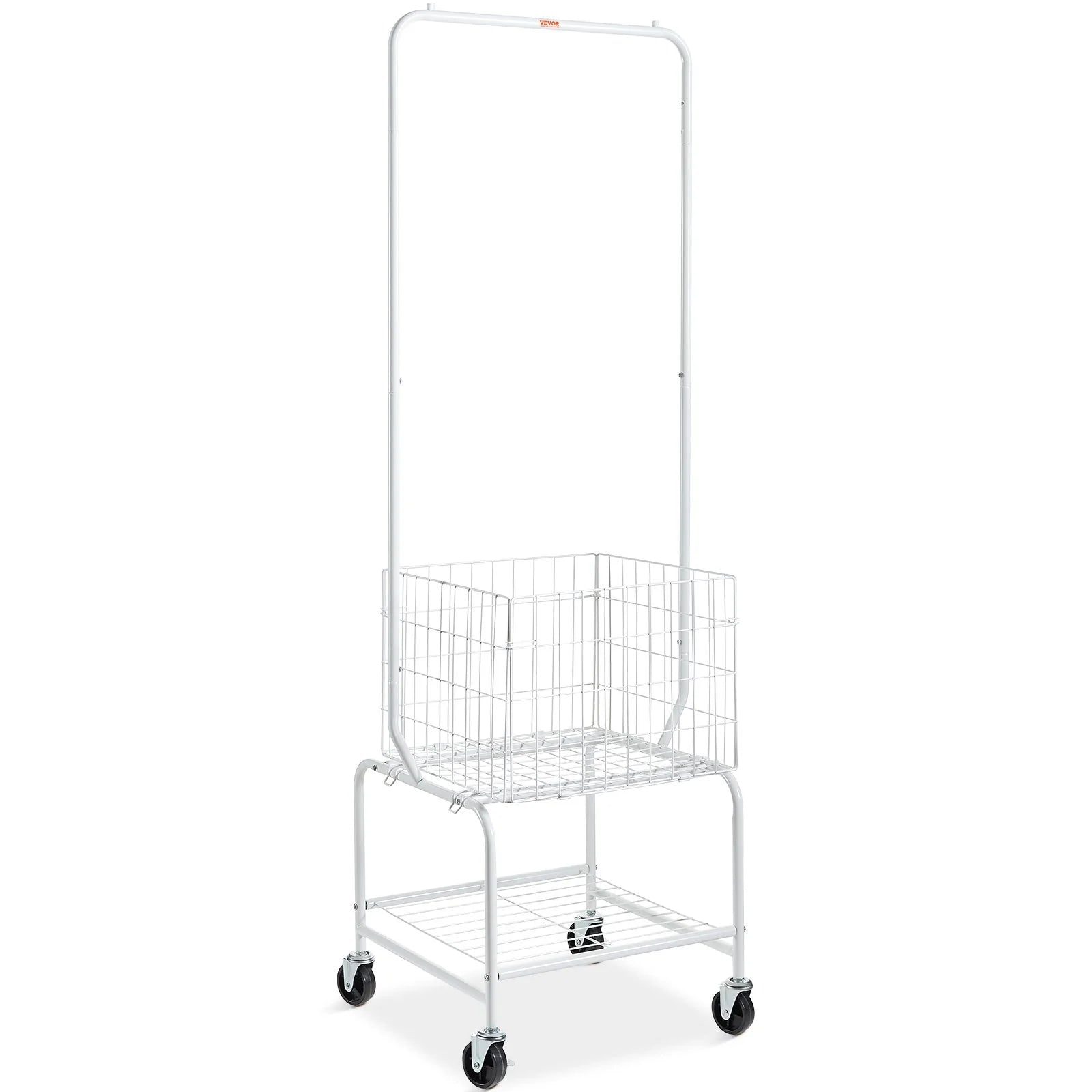 VEVOR Metal Rolling Laundry Basket with Hanging Garment Rack, Height Adjustment Laundry Hamper Cart with Basket Load and Shelf Load, Storage Organizer with Heavy Duty Lockable Wheels